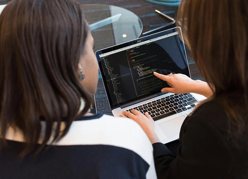 Two developers collaborating on coding a project for web application development